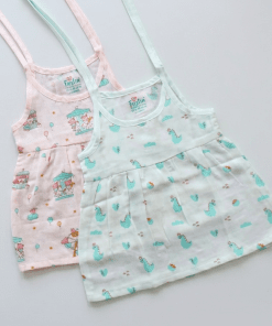Organic Muslin Shoulder Knot Frock - Pack of 2 - Light Green Dino + Pink Playing Teddy - DFK