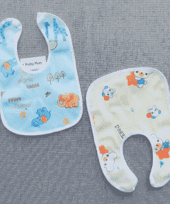 Cotton Bib - Set Of 2 -  Yellow with Bear and Orange Star + Blue with Elephant and Jiraf - BIB1
