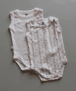 Sleeveless Romper/Onesie - Combo Pack of 2 - cream with pink flower buds + white with dot star - AZBS