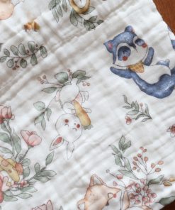 Baby Crinkled Muslin Cotton Bath Towel - 60×115cm - Floral Leaf and Cute Animals -BT1 - Image 2