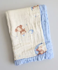 Muslin Crinkled Blanket - Blue Border with Teddy on Moon - BL1