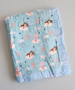 Muslin Crinkled Blanket - Blue Border with Teddy on Cloud - BL1