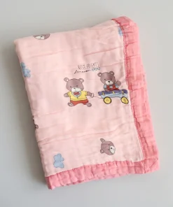 Muslin Crinkled Blanket - Pink Border with Teddy Bear - BL1