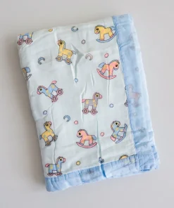 Muslin Crinkled Blanket - Blue Border with Blue Unicorn - BL1
