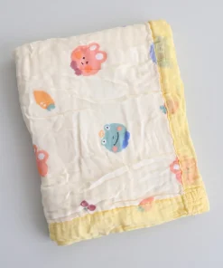 Muslin Crinkled Blanket - Yellow Border with Rabbit and Carrot - BL1