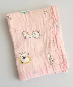 Muslin Crinkled Blanket - Pink Border with Animals - BL1