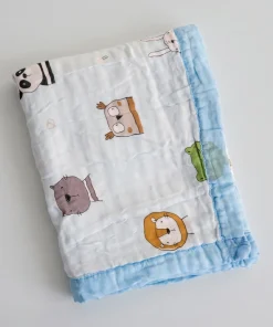 Muslin Crinkled Blanket - Blue Border with Animals - BL1
