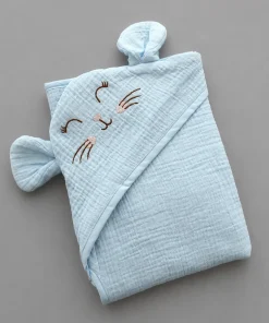 Crinkled Hooded Blanket (80CMx80CM) - Blue with Cute Face - HBL1