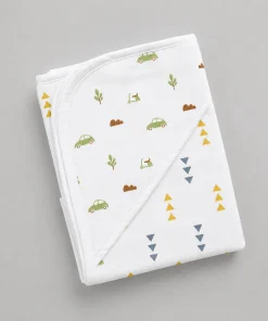 Organic Muslin Cotton Reversible Hooded Blanket - Green Car with Orange Arrow - HBL1