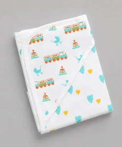 Organic Muslin Cotton Reversible Hooded Blanket - Train and Heart - HBL1