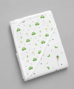 Organic Muslin Cotton Reversible Hooded Blanket - Green Car with Green Kite - HBL1