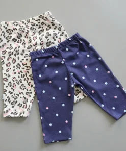 Knitted Cotton Pants - Pack of 2 - Dark Blue with Round + Grey and Pink Print - PT1