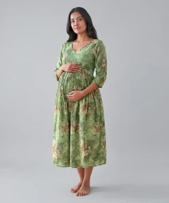 Alternative view of Maternity Feeding Kurty - Olive Green Print - MCFK