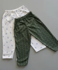 Knitted Cotton Pants - Pack of 2 - Dark Green Print + White with Blue Bear - PT1