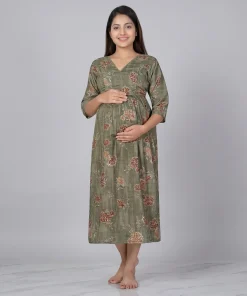 Alternative view of Short Feeding Kurty - Olive Green with Cream Flower - MCFK