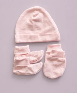Cap, Mittens and Booties Set - Pink Stripe - CS1