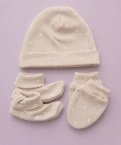 Cap, Mittens and Booties Set - Beige White Dot - CS1