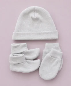 Cap, Mittens and Booties Set - Light Gray White Dot - CS1