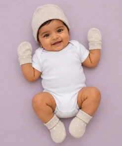 Cap, Mittens and Booties Set - Beige White Dot - CS1 - Image 2