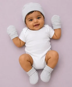 Cap, Mittens and Booties Set - Light Gray White Dot - CS1 - Image 2