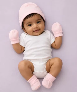 Cap, Mittens and Booties Set - Pink Stripe - CS1 - Image 2