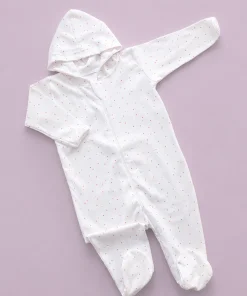 Hooded Sleeping Suit - White with Pink Dot - SS1