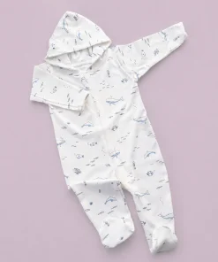 Hooded Sleeping Suit - Off White with Sea Fish Print - SS1