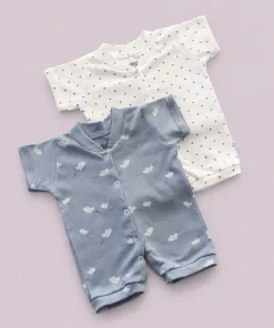 Baby Knitted Cotton Half Romper - Pack of 2 - Off White with Grey Dot + Greyish Blue With White Aeroplane