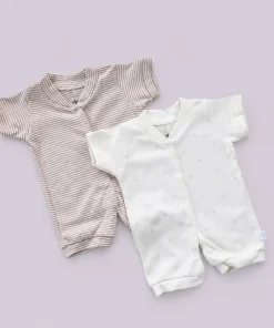 Baby Knitted Cotton Half Romper - Pack of 2 - Brown Strip + Light Cream with Dot - RMP