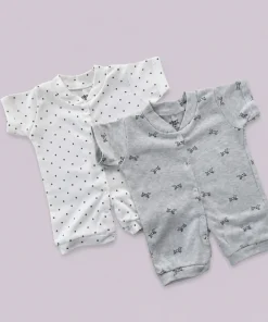 Baby Knitted Cotton Half Romper - Pack of 2 - Grey Dog + Off White with Black Dot - RMP