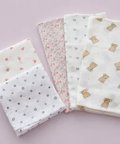 Single Layer Muslin Bath Towel(Pack of 5) - Pink Floral - Blue Teddy - Brown Teddy - Blue Print - Pink Thick Floral - BT1