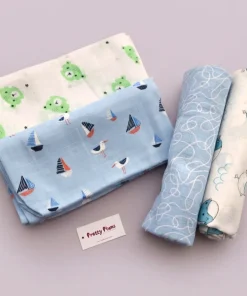 Single-Layer Muslin Swaddle (Set of 4) 100x100cm - Green  Teddy - Blue White Lines - Whale - Blu Boat - SW1