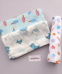 Single-Layer Muslin Swaddle (Set of 3) 100x100cm - Blue Whale - Color Shapes - Blue Ice cream - SW1