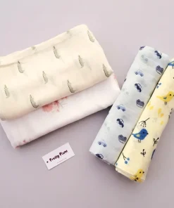 Single-Layer Muslin Swaddle (Set of 4) 100x100cm - Blue Car - Yellow Sparrow - Pink Flower - Crocodile - SW1