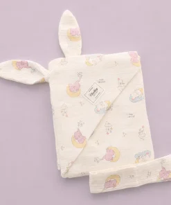 Crinkled Muslin Hooded Blanket (90x90 cm) - Elephant with Moon - BL1