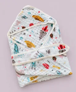 Crinkled Muslin Printed Color  Hooded Blanket - Blue Space  - HBL1