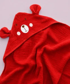 Alternative view of Crinkled Hooded Blanket (80CMx80CM) - Red with Bear Face - HBL1