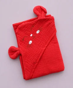 Crinkled Hooded Blanket (80CMx80CM) - Red with Cute Face - HBL1