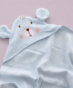Crinkled Hooded Blanket (80CMx80CM) - Blue with Bear Face - HBL1 - Image 2