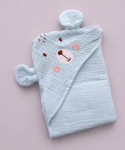 Crinkled Hooded Blanket (80CMx80CM) - Blue with Bear Face - HBL1