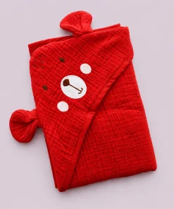 Crinkled Hooded Blanket (80CMx80CM) - Red with Bear Face - HBL1