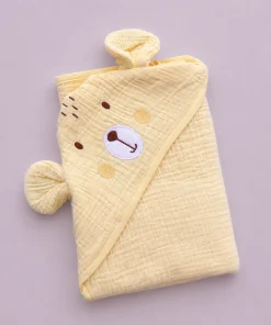 Crinkled Hooded Blanket (80CMx80CM) - Yellow with Bear Face - HBL1