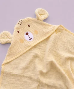 Alternative view of Crinkled Hooded Blanket (80CMx80CM) - Yellow with Bear Face - HBL1