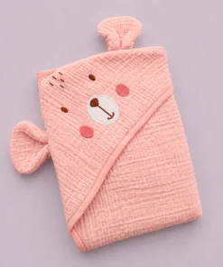 Crinkled Hooded Blanket (80CMx80CM) - Pink with Bear Face - HBL1