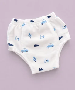 Organic Muslin Cotton Full Padded underwear - White with Blue Car and Scooter - PU1