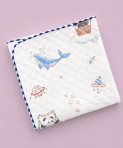 Cotton Blanket - White with Blue Whale and Panda - BL1