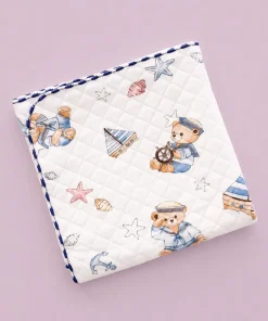 Cotton Blanket - White with Blue Teddy and Boat - BL1