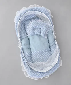 Foldable Cotton Mosquito Net Bedding Set - 95x55cm - Light Slate Blue with Leaf Print - BS1
