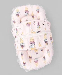 Foldable Cotton Mosquito Net Bedding Set - 95x55cm - Light Pink with Ice Cream - BS1 - Image 2