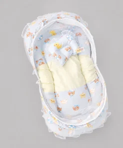 Foldable Cotton Mosquito Net Bedding Set - 95x55cm - Light Blue with Cute Teddy and Duck - BS1